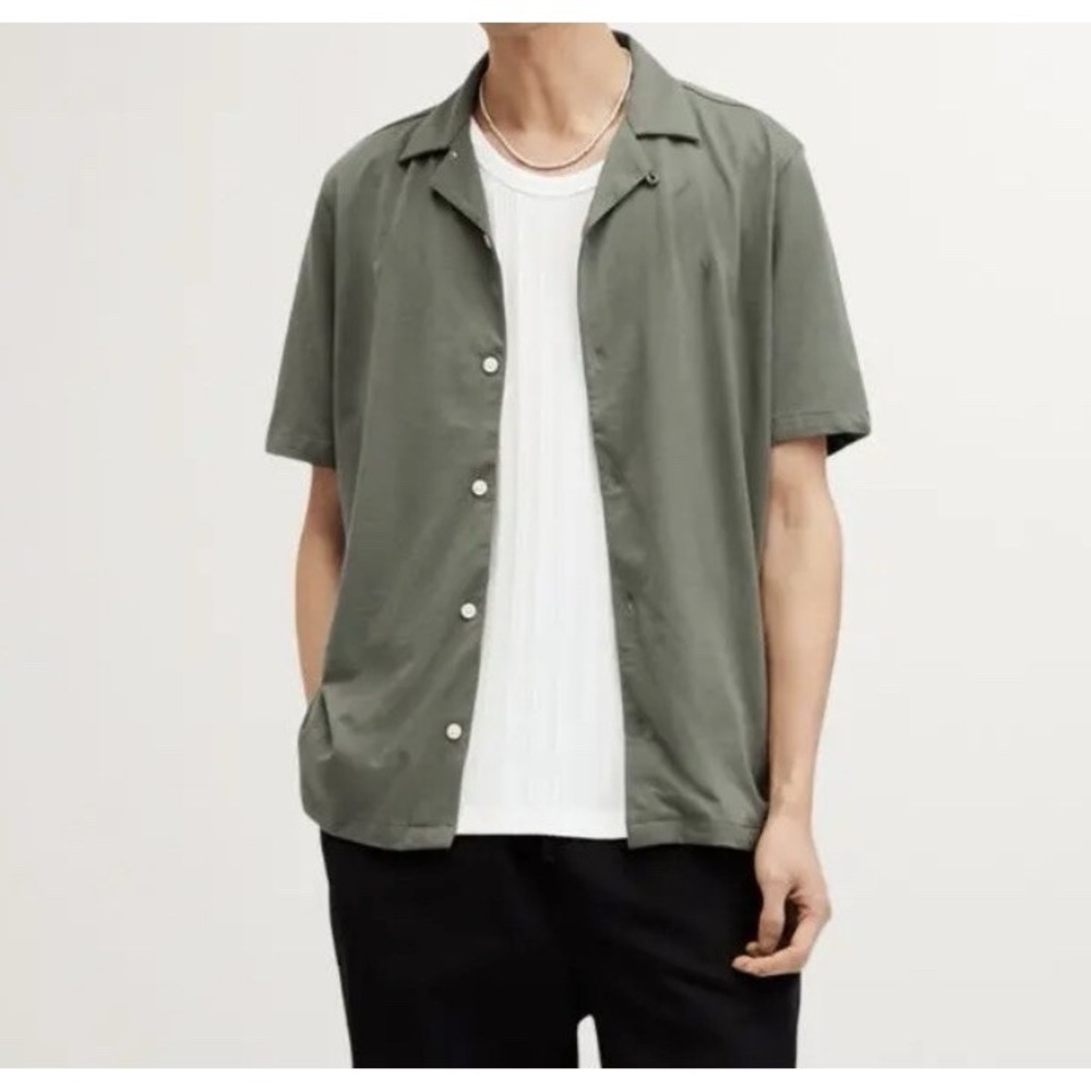 AllSaints Hudson Shirt Mens 2XL Green Short Sleeve Camp Collar Button Up Knit